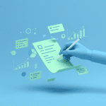 3D illustration of a digital hand writing notes with floating graphs and checklists, symbolizing an AI-powered note-taking app built with DeepSeek AI, Flask, and Froala Editor integration.