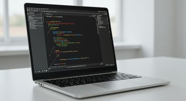 An image of a laptop showing a React-like project structure and codes