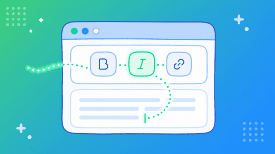 An illustration of a browser window showing an Angular WYSIWYG editor toolbar with Bold, Italic, and Link buttons. The Italic button is highlighted in green, and a dotted path traces the keyboard navigation route from the toolbar through to the editor's text area below.