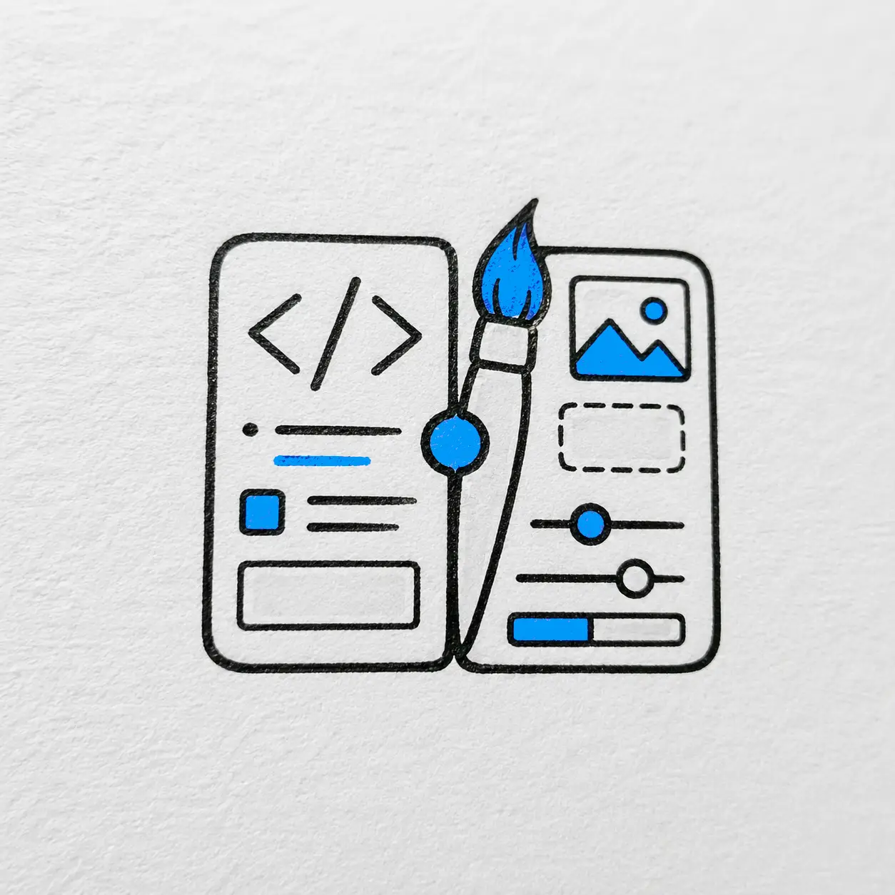 Hand-drawn illustration showing code symbols and a visual editor interface with a brush, representing the balance between manual coding and visual HTML editing in modern web development